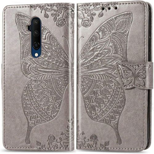 Oneplus 7t Pro Coque Papillon Fleur Pu Cuir Magnétique Flip Portefeuille Support Porte Carte Protecteur Coque Housse Étui Avec Dragonne Pour Oneplus 7t Pro Gris
