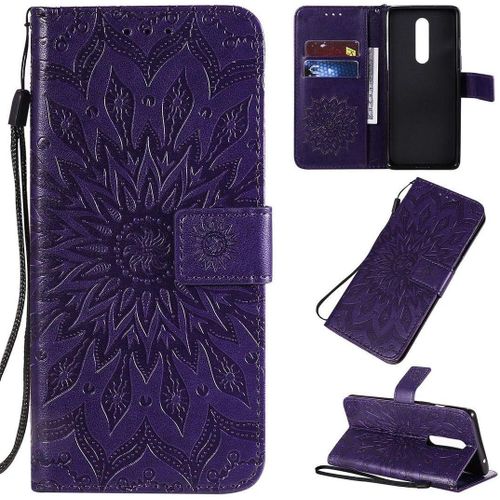 Oneplus 8 Coque Fleur Du Soleil Pu Cuir Magnétique Flip Portefeuille Support Porte Carte Protecteur Coque Housse Étui Avec Dragonne Pour Oneplus 8 Violet