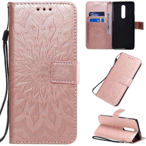 Oneplus 8 Coque Fleur Du Soleil Pu Cuir Magnétique Flip Portefeuille Support Porte Carte Protecteur Coque Housse Étui Avec Dragonne Pour Oneplus 8 Or Rose