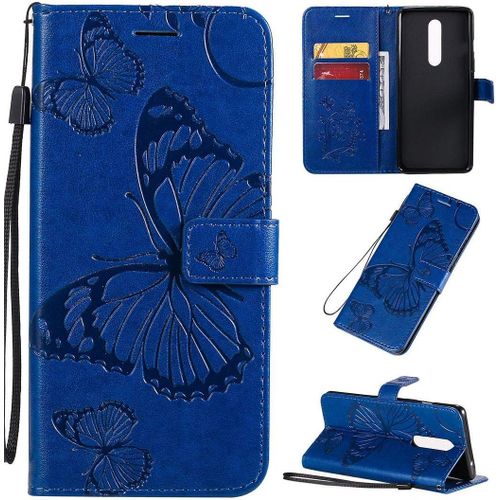 Oneplus 8 Coque, Papillon Gaufrage Pu Cuir Magnétique Flip Portefeuille Support Porte-Carte Protecteur Coque Housse Étui Avec Dragonne Pour Oneplus 8 Bleu