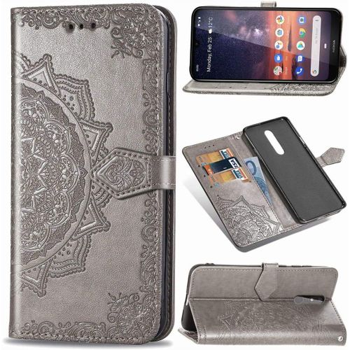Nokia 3.2 Coque Mandala Gaufrage Pu Cuir Magnétique Flip Portefeuille Support Portecarte Protecteur Coque Housse Étui Avec Dragonne Pour Nokia 3.2 Gris
