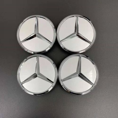 4 X Centres De Roue Argent Trident 75mm Mercedes Benz Abs Cache Moyeu Emblème Logo