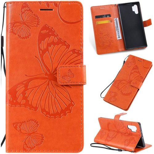 Samsung Galaxy Note 10 Plus 6.8"" Coque, Papillon Pu Cuir Magnétique Flip Portefeuille Support Porte-Carte Coque Housse Étui Avec Dragonne Pour Samsung Galaxy Note 10 Plus 6.8"" Orange
