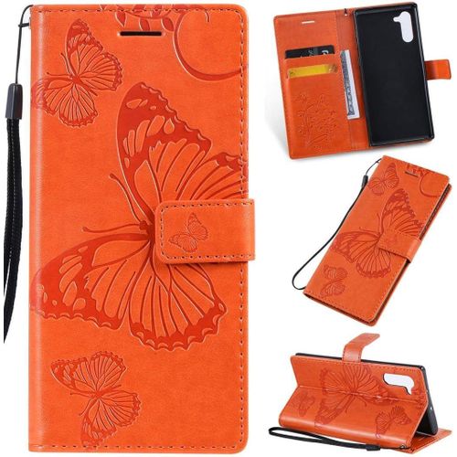Samsung Galaxy Note 10 Coque, Papillon Gaufrage Pu Cuir Magnétique Flip Portefeuille Support Porte-Carte Protecteur Coque Housse Étui Avec Dragonne Pour Samsung Galaxy Note 10 Orange