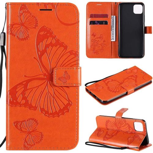 Realme C11 Coque, Papillon Gaufrage Pu Cuir Magnétique Flip Portefeuille Support Porte-Carte Protecteur Coque Housse Étui Avec Dragonne Pour Realme C11 Orange