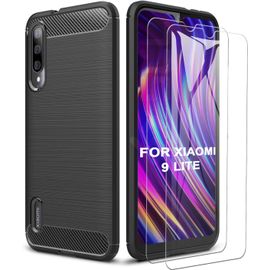 Coque Pour Xiaomi Mi 9 Verre Trempé Pour Xiaomi 9 Coque, 2 Pièces Verre Trempé De Taille Précise + Coque De Texture En Fibre De Carbone Brossée - Noir