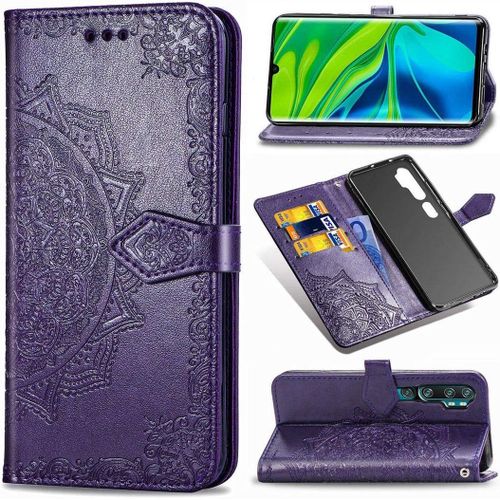 Xiaomi Mi Note 10 Coque, Mandala Gaufrage Pu Cuir Magnétique Flip Portefeuille Support Porte-Carte Protecteur Coque Housse Étui Avec Dragonne Pour Xiaomi Mi Note 10 / Cc9 Pro Violet