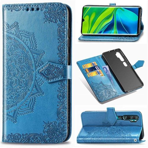 Xiaomi Mi Note 10 Coque, Mandala Gaufrage Pu Cuir Magnétique Flip Portefeuille Support Porte-Carte Protecteur Coque Housse Étui Avec Dragonne Pour Xiaomi Mi Note 10 / Cc9 Pro Bleu