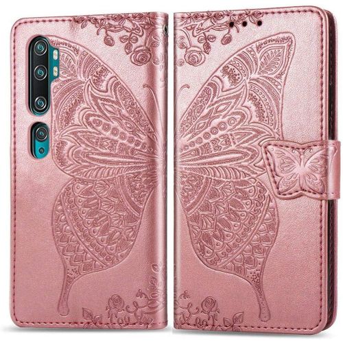 Xiaomi Mi Note 10 Coque, Papillon Fleur Pu Cuir Magnétique Flip Portefeuille Support Porte-Carte Protecteur Coque Housse Étui Avec Dragonne Pour Xiaomi Mi Note 10 / Cc9 Pro Or Rose