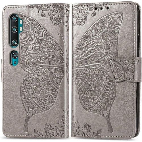 Xiaomi Mi Note 10 Coque, Papillon Fleur Pu Cuir Magnétique Flip Portefeuille Support Porte-Carte Protecteur Coque Housse Étui Avec Dragonne Pour Xiaomi Mi Note 10 / Cc9 Pro Gris