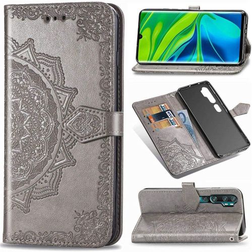 Xiaomi Mi Note 10 Coque, Mandala Gaufrage Pu Cuir Magnétique Flip Portefeuille Support Porte-Carte Protecteur Coque Housse Étui Avec Dragonne Pour Xiaomi Mi Note 10 / Cc9 Pro Gris