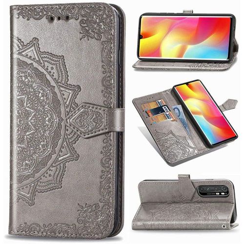 Xiaomi Mi Note 10 Lite Coque Mandala Gaufrage Pu Cuir Magnétique Flip Portefeuille Support Porte Carte Protecteur Coque Housse Étui Avec Dragonne Pour Xiaomi Mi Note 10 Lite Gris