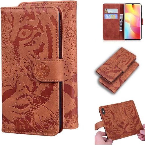 Xiaomi Mi Note 10 Lite Coque, Embossage De Tigre Pu Cuir Magnétique Flip Portefeuille Support Porte-Carte Protecteur Coque Housse Étui Pour Xiaomi Mi Note 10 Lite Marron