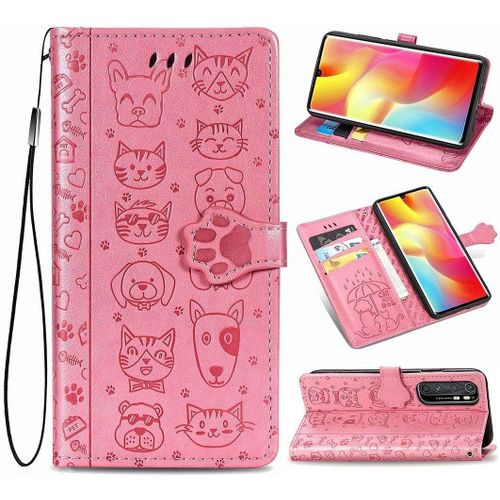 Xiaomi Mi Note 10 Lite Coque Chien Et Chat Mignon Pu Cuir Magnétique Flip Portefeuille Support Porte Carte Protecteur Coque Housse Étui Avec Dragonne Pour Xiaomi Mi Note 10 Lite Rose