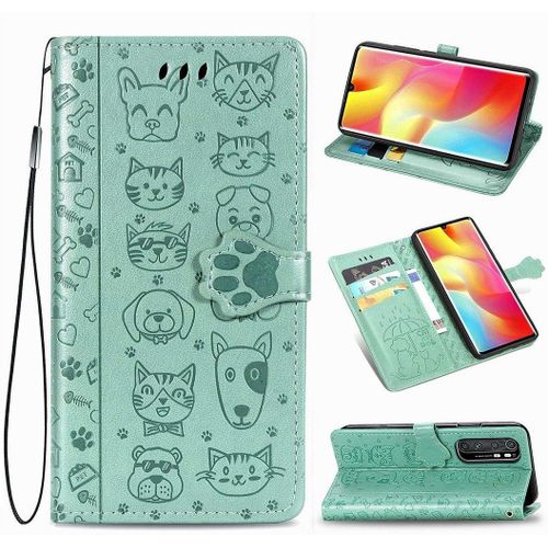 Xiaomi Mi Note 10 Lite Coque Chien Et Chat Mignon Pu Cuir Magnétique Flip Portefeuille Support Porte Carte Protecteur Coque Housse Étui Avec Dragonne Pour Xiaomi Mi Note 10 Lite Vert