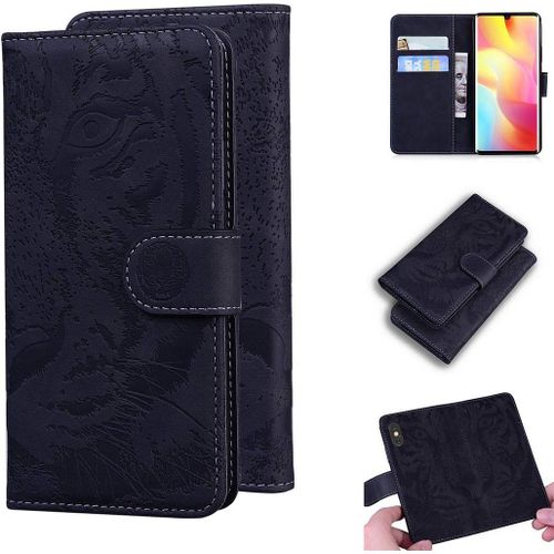 Xiaomi Mi Note 10 Lite Coque, Embossage De Tigre Pu Cuir Magnétique Flip Portefeuille Support Porte-Carte Protecteur Coque Housse Étui Pour Xiaomi Mi Note 10 Lite Noir