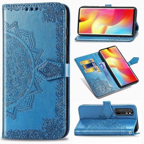 Xiaomi Mi Note 10 Lite Coque Mandala Gaufrage Pu Cuir Magnétique Flip Portefeuille Support Porte Carte Protecteur Coque Housse Étui Avec Dragonne Pour Xiaomi Mi Note 10 Lite Bleu