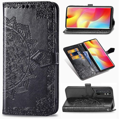Xiaomi Mi Note 10 Lite Coque Mandala Gaufrage Pu Cuir Magnétique Flip Portefeuille Support Porte Carte Protecteur Coque Housse Étui Avec Dragonne Pour Xiaomi Mi Note 10 Lite Noir