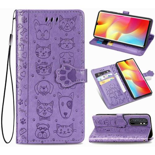 Xiaomi Mi Note 10 Lite Coque Chien Et Chat Mignon Pu Cuir Magnétique Flip Portefeuille Support Porte Carte Protecteur Coque Housse Étui Avec Dragonne Pour Xiaomi Mi Note 10 Lite Violet