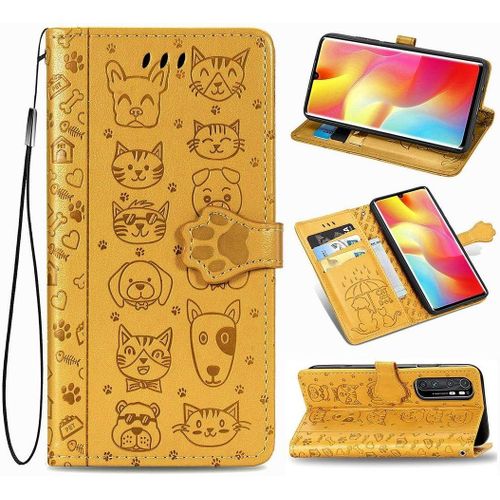 Xiaomi Mi Note 10 Lite Coque Chien Et Chat Mignon Pu Cuir Magnétique Flip Portefeuille Support Porte Carte Protecteur Coque Housse Étui Avec Dragonne Pour Xiaomi Mi Note 10 Lite Jaune