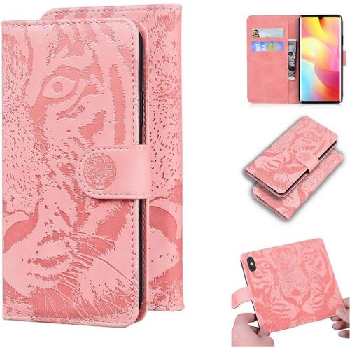 Xiaomi Mi Note 10 Lite Coque, Embossage De Tigre Pu Cuir Magnétique Flip Portefeuille Support Porte-Carte Protecteur Coque Housse Étui Pour Xiaomi Mi Note 10 Lite Rose