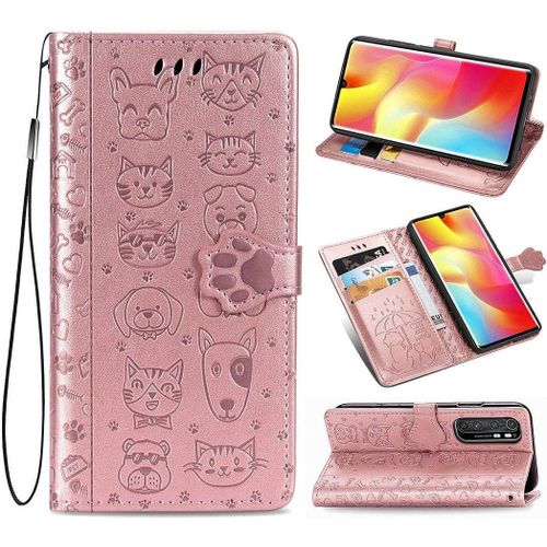 Xiaomi Mi Note 10 Lite Coque Chien Et Chat Mignon Pu Cuir Magnétique Flip Portefeuille Support Porte Carte Protecteur Coque Housse Étui Avec Dragonne Pour Xiaomi Mi Note 10 Lite Or Rose