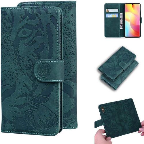 Xiaomi Mi Note 10 Lite Coque, Embossage De Tigre Pu Cuir Magnétique Flip Portefeuille Support Porte-Carte Protecteur Coque Housse Étui Pour Xiaomi Mi Note 10 Lite Vert