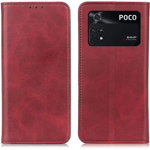 Étui En Cuir Véritable Pour Xiaomi Poco M4 Pro 4g, Protection Housse En Cuir Portefeuille Livre, Fermeture Magnétique Cachée Flip Coque Pour Xiaomi Poco M4 Pro 4g, Rouge