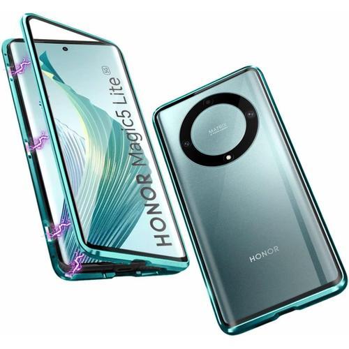 Coque Compatible Avec Honor Magic 5 Lite, Adsorption Magnétique Étui 360 Protection Housse Devant Retour Verre Trempé Aluminium Cadre Case, Vert