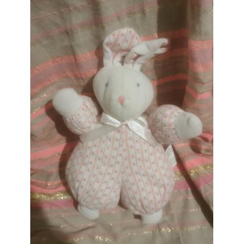 Doudou Lapin Blanc Corps Tissus Fleurs Rose Grelot Calin Et Bisou Silvertoys