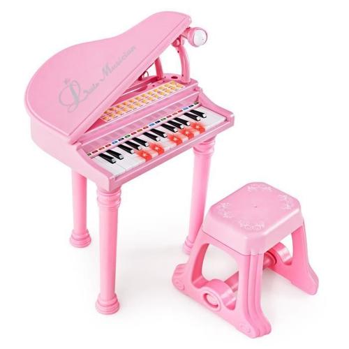 Costway Piano À Queue Enfant 31 Touches Avec Tabouret,Microphone,3 Mode D'enseignement Led,Mp3 4 Styles De Musique, 22 Morceaux Rose