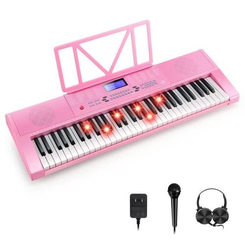 Costway Clavier Électrique Portable 61 Touches Ecran Led Microphone,Pupitre, Volume/Rythme Réglables 255 Rythmes, 24démo Rose