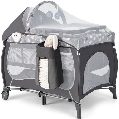 Costway Lit Parapluie Bébé Pliant 5 En 1 Avec Matelas,Jouets Suspendus,Boîte À Musique, Auvent Amovible 2 Roues 0-3 Ans 15kg Gris