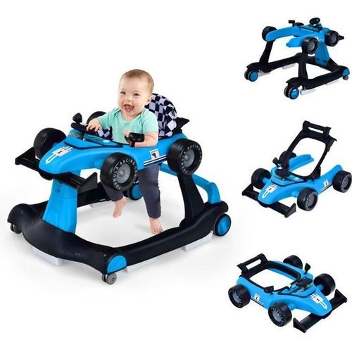 Costway Trotteur Bébé Pliable Musical 4 En 1 Apparence De Voiture Pousseur Hauteur Et Vitesse Réglables Avec Lumière Volant Bleu