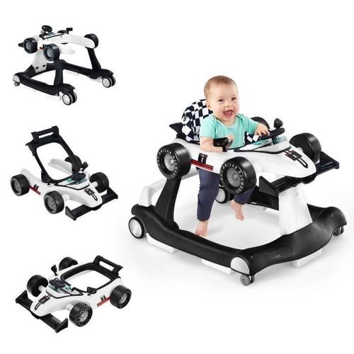 Costway Trotteur Bébé Musical Pliable 4 En 1 Apparence De Voiture Pousseur Hauteur Et Vitesse Réglables Avec Lumière Volant Blanc