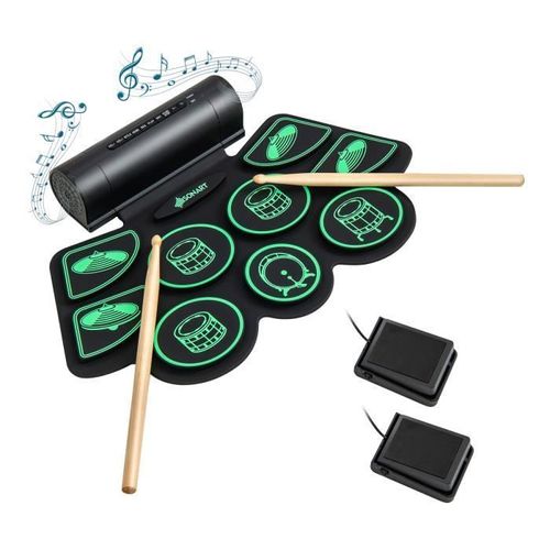 Costway Batterie Electronique Portable,9 Pads,Fonction Midi,2 Haut-Parleurs Stéréo,2 Pédales,2 Baguettes,7 Tythmes,4 Morceaux, Vert