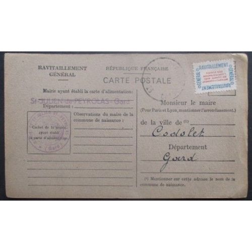 France Service N°15a Sur Carte De Ravitaillement De St Julien (Gard) Pour Codolet (Gard)