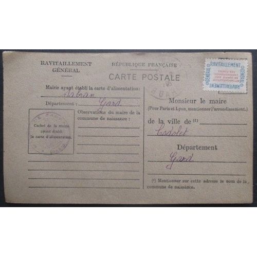 France Service N°15a Sur Carte De Ravitaillement De Sabran (Gard) Pour Codolet (Gard)
