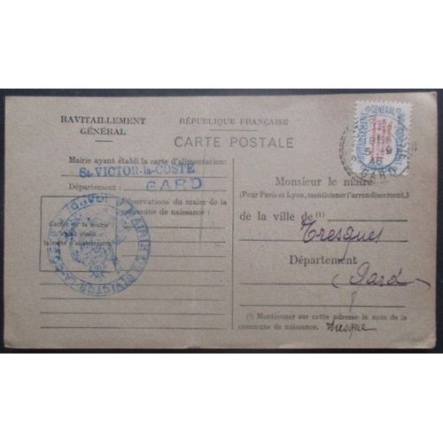 France Service N°15a Sur Carte De Ravitaillement De St Victor (Gard) Pour Tresques (Gard)
