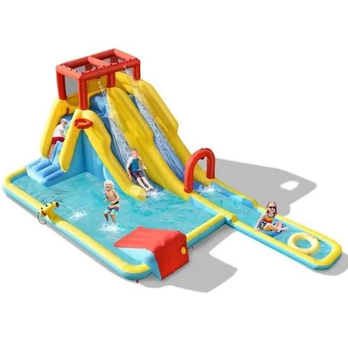 Costway Parc Aquatique Gonflable Double Toboggan À Jeu De Surf,Jeu De Basket-Ball,Pistolet À Eau, Mur D'escalade Anneaux De Natation