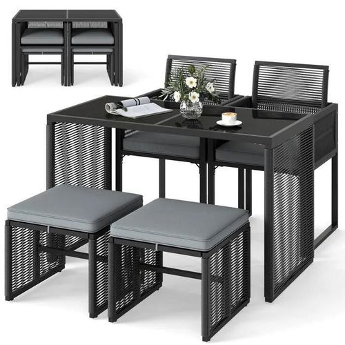 Costway Ensemble De Meubles De Terrasse En Osier Pe 5 Pièces, Chaises En Rotin Avec Coussins, Table En Verre Trempé Avec Poufs