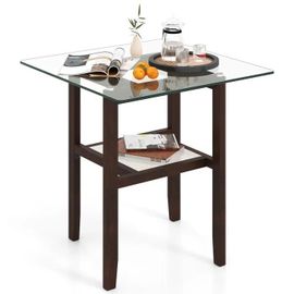 Costway Table Basse En Verre Trempé À 2 Niveaux, Cadre En Bois D'hévéa, Table Basse Salon Carrée De 61 Cm Our Chambre Bureau