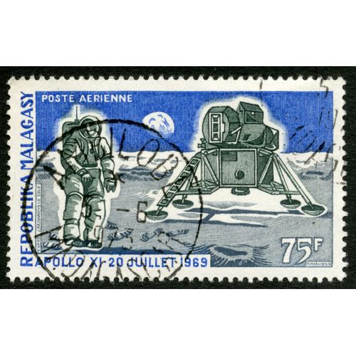 Timbre Oblitéré Repoblika Malagasy, Poste Aérienne, Apollo Xi - 20 Juillet 1969, 75 F