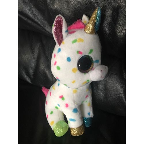 Doudou Peluche Ty "Harmonie" La Licorne Beanie Point Jaune Bleu Vert Et Rose Corne À Paillette 24cm