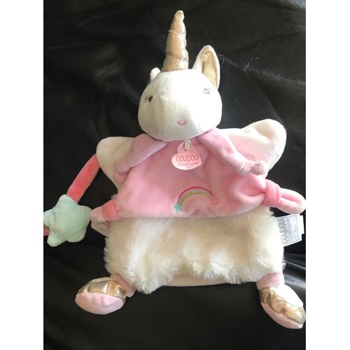 Doudou Et Compagnie Licorne Marionnette Blanc Rose Étoile Bleu Filante Happy