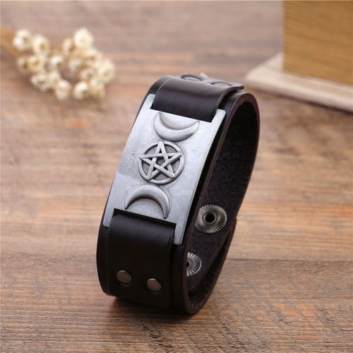 Likgreat-Bracelet En Cuir Group Vintage Viking Pour Homme, Triple Déesse, Lune Étoile, Métal Cuivre, Bracelet Réglable, Vente En Gros