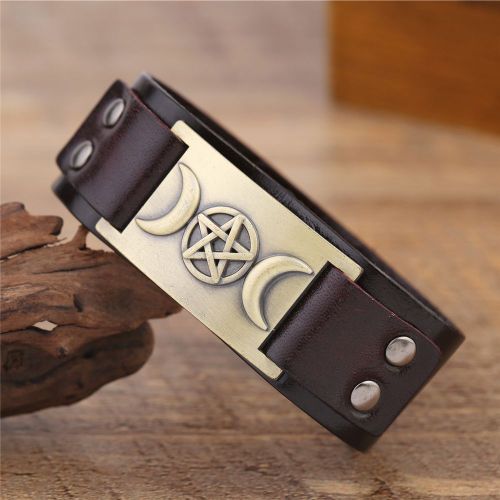 Likgreat-Bracelet En Cuir Group Vintage Viking Pour Homme, Triple Déesse, Lune Étoile, Métal Cuivre, Bracelet Réglable, Vente En Gros