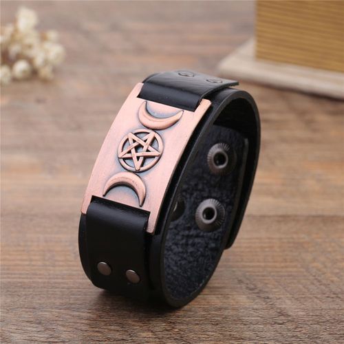 Likgreat-Bracelet En Cuir Group Vintage Viking Pour Homme, Triple Déesse, Lune Étoile, Métal Cuivre, Bracelet Réglable, Vente En Gros