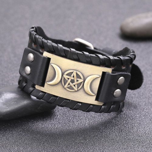 Likgreat-Bracelet En Cuir Group Vintage Viking Pour Homme, Triple Déesse, Lune Étoile, Métal Cuivre, Bracelet Réglable, Vente En Gros