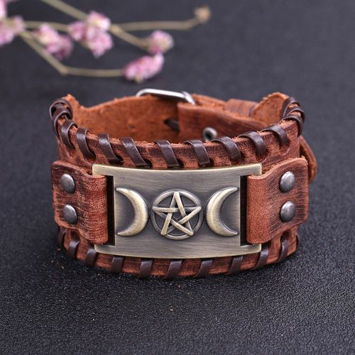 Likgreat-Bracelet En Cuir Group Vintage Viking Pour Homme, Triple Déesse, Lune Étoile, Métal Cuivre, Bracelet Réglable, Vente En Gros
